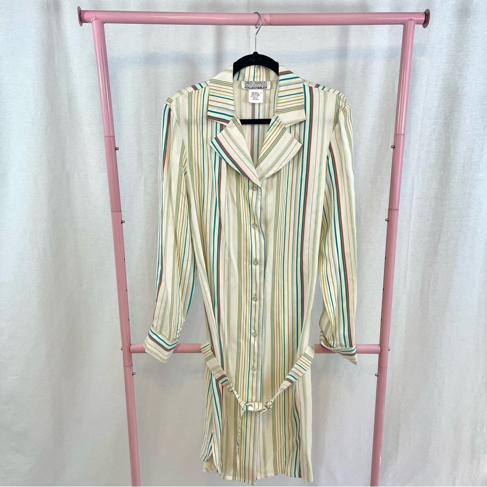 Vintage David Emanuel Collectables 100% Silk Striped Belted Shirt Dress size 12